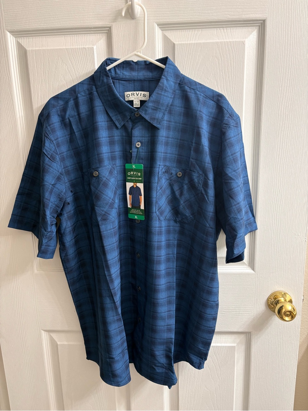 Orvis Men's Navy Blue Plaid Short-Sleeve Button-Down Shirt